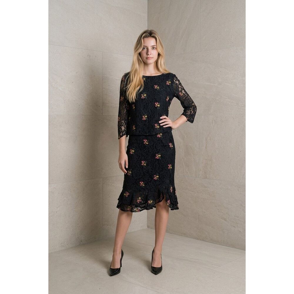 ZARA BASIC Dark Green Lace Embroidered Floral Set Top & Skirt S/M (009)